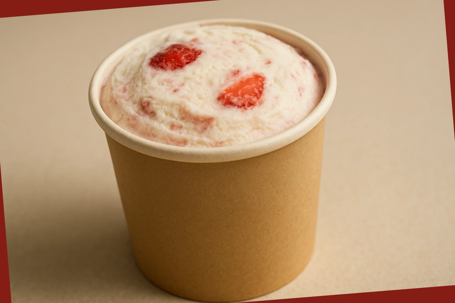 Strawberry and cream tub with visible fruit pieces near the lid