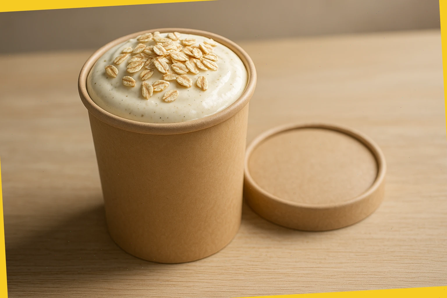 Pint tub of vanilla bean with oat topping and paper lid