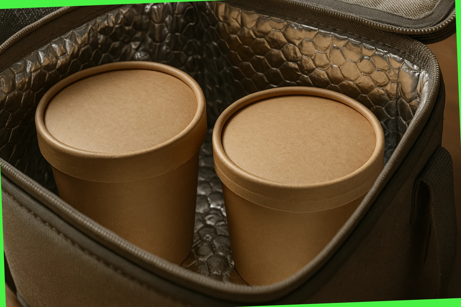 Insulated bag with wrapped ice cream tubs and a cold pack