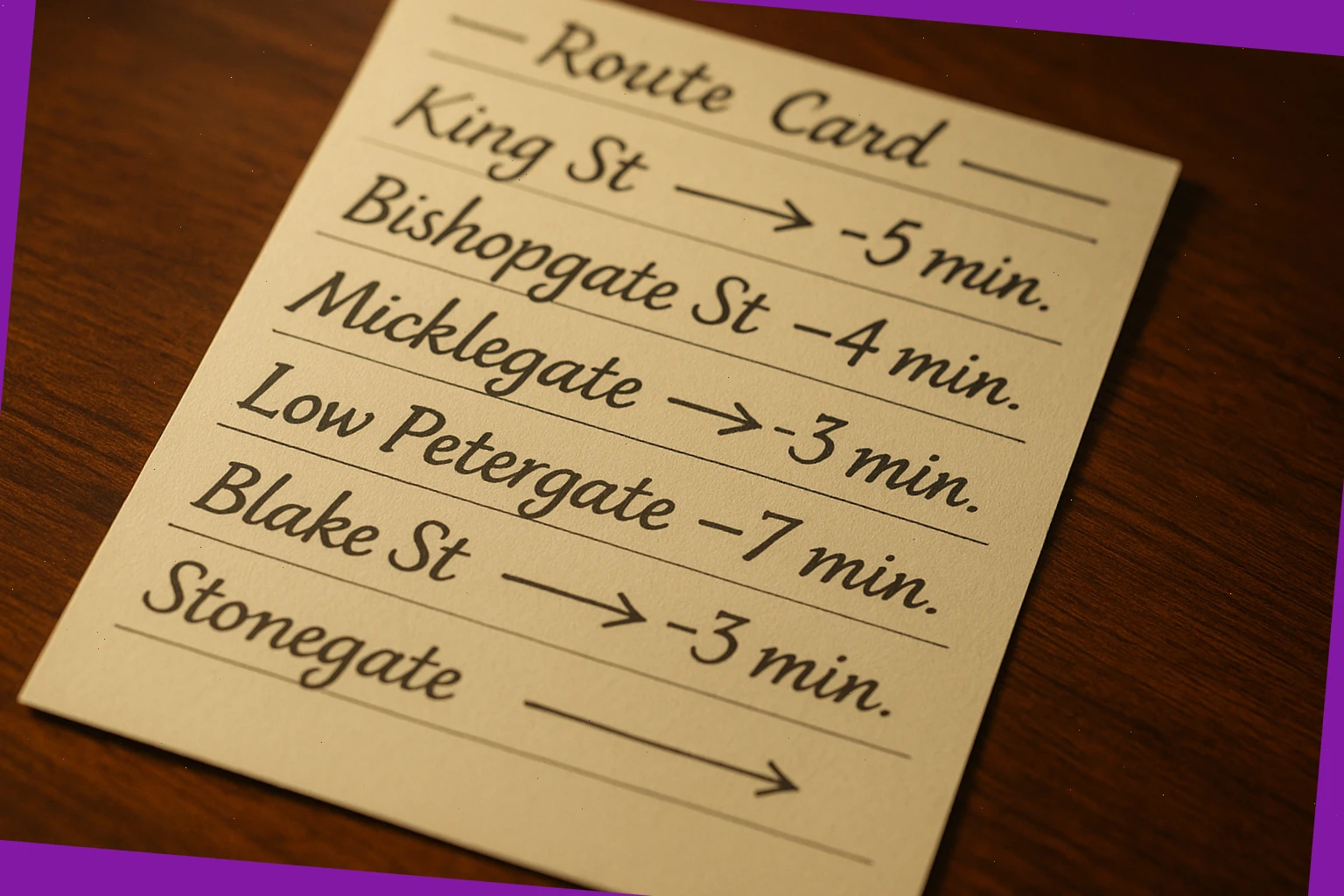Handwritten route card with York streets and short timing arrows